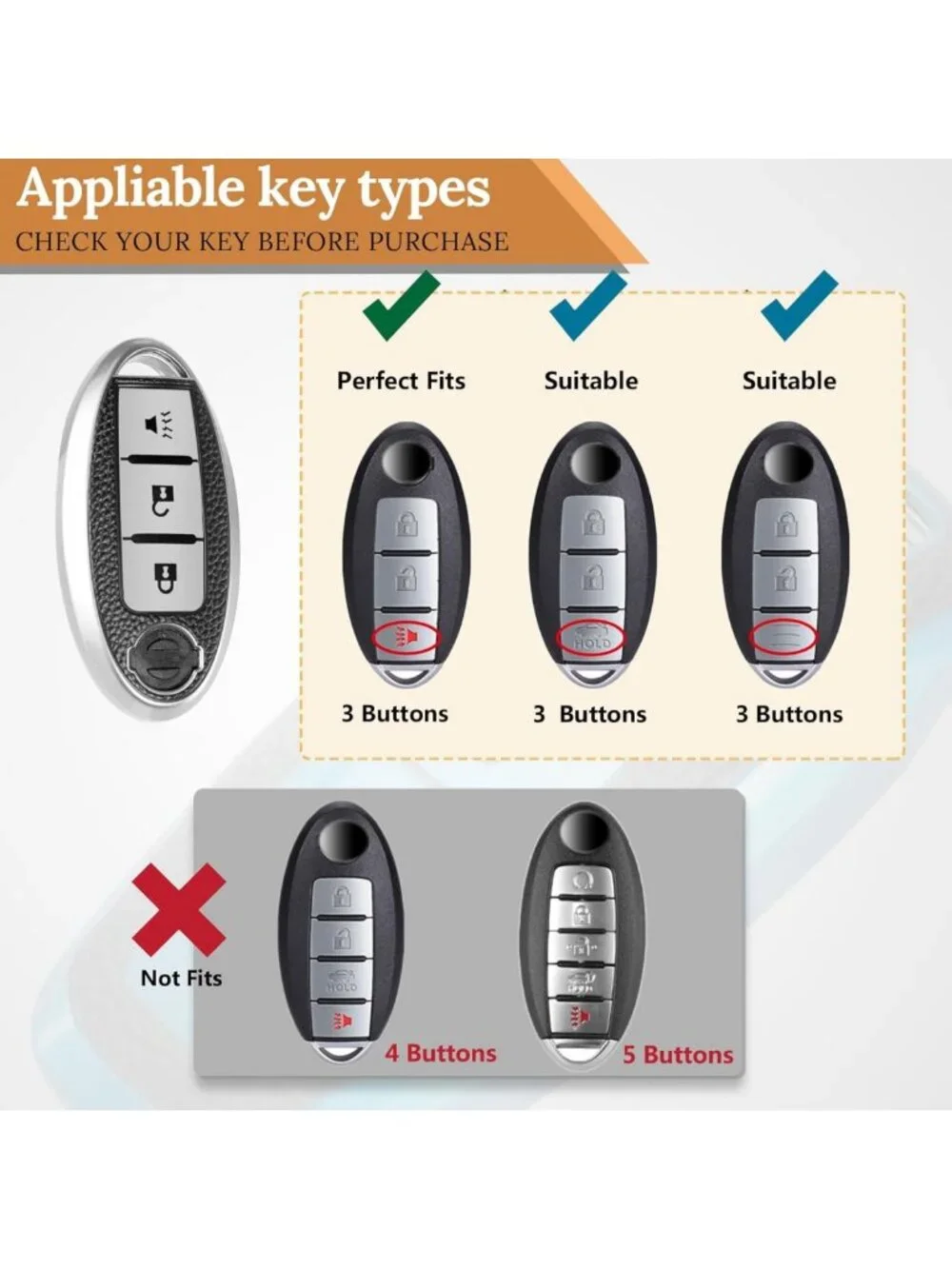 Leather Key Fob Cover for Nissan - Soft TPU Case with Keychain, 3 Button Design